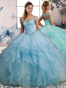 Light Blue Lace Up Off The Shoulder Beading and Ruffles 15 Quinceanera Dress Organza Sleeveless