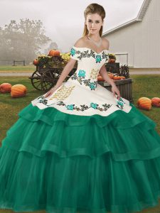 Fancy Sleeveless Brush Train Lace Up Embroidery and Ruffled Layers Vestidos de Quinceanera