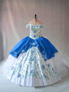 Popular Blue And White Off The Shoulder Lace Up Embroidery and Ruffles 15 Quinceanera Dress Sleeveless