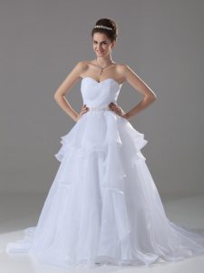 Custom Design White A-line Beading and Ruffles Wedding Gown Lace Up Organza Sleeveless