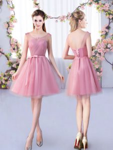 Pink Scoop Lace Up Appliques and Belt Court Dresses for Sweet 16 Sleeveless