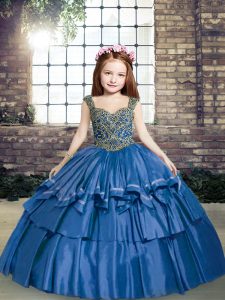 Blue Ball Gowns Straps Sleeveless Taffeta Floor Length Lace Up Beading Little Girl Pageant Dress