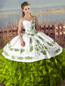 Olive Green Lace Up Sweetheart Embroidery and Ruffles 15th Birthday Dress Satin and Organza Sleeveless