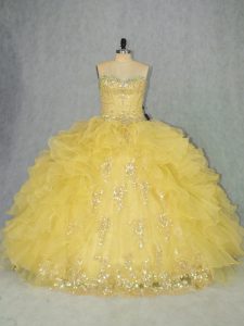 Organza Sweetheart Sleeveless Lace Up Appliques and Ruffles Quinceanera Gowns in Yellow