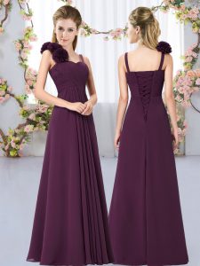 Dark Purple Empire Straps Sleeveless Chiffon Floor Length Lace Up Hand Made Flower Dama Dress for Quinceanera