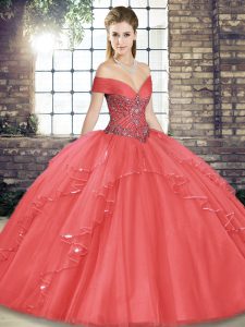 Fantastic Watermelon Red Tulle Lace Up Sweet 16 Dress Sleeveless Floor Length Beading and Ruffles