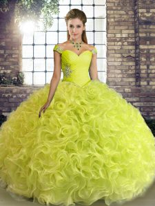 Yellow Green Vestidos de Quinceanera Military Ball and Sweet 16 and Quinceanera with Beading Off The Shoulder Sleeveless Lace Up