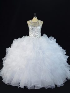 Floor Length White Quinceanera Gown Scoop Sleeveless Lace Up
