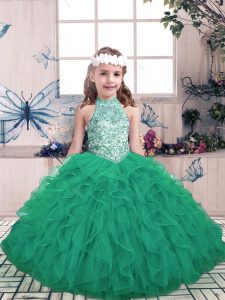 Green Ball Gowns Beading and Ruffles Girls Pageant Dresses Lace Up Tulle Sleeveless Floor Length