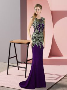 Beautiful Purple Prom Evening Gown Satin Sweep Train Sleeveless Appliques