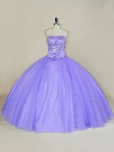 Floor Length Lavender Quinceanera Dresses Strapless Sleeveless Lace Up