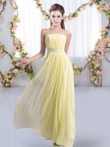 Suitable Yellow Strapless Lace Up Beading Bridesmaid Dresses Sweep Train Sleeveless
