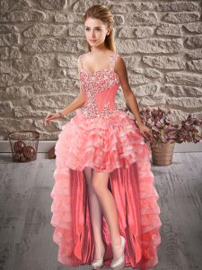 Admirable Watermelon Red Sleeveless Beading and Ruffled Layers High Low Dress for Prom