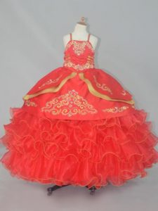 Straps Sleeveless Organza Girls Pageant Dresses Embroidery and Ruffled Layers Lace Up