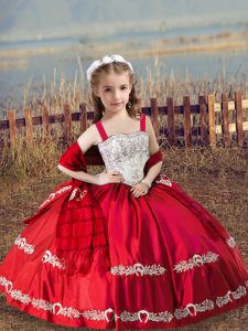 Coral Red Lace Up Pageant Dresses Beading and Embroidery Sleeveless Floor Length