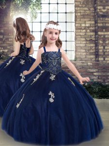 Ball Gowns Little Girls Pageant Dress Navy Blue Straps Tulle Sleeveless Floor Length Lace Up