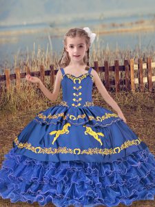 Floor Length Blue Kids Pageant Dress Straps Sleeveless Lace Up
