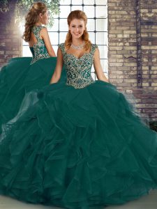 Hot Selling Peacock Green Lace Up Straps Beading and Ruffles 15 Quinceanera Dress Tulle Sleeveless