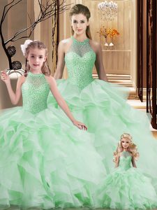 Sexy Apple Green Sleeveless Organza Brush Train Lace Up Quinceanera Dress for Sweet 16 and Quinceanera