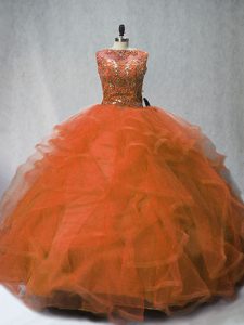 Trendy Rust Red Sleeveless Tulle Brush Train Lace Up Sweet 16 Dress for Sweet 16 and Quinceanera