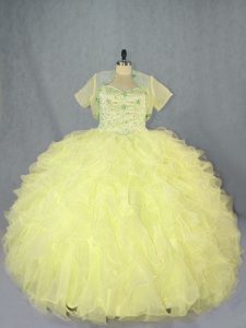 Spectacular Yellow Ball Gowns Beading and Ruffles Vestidos de Quinceanera Lace Up Organza Sleeveless Floor Length