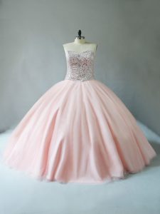 Top Selling Sleeveless Floor Length Beading Lace Up 15th Birthday Dress with Peach