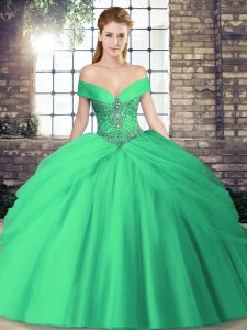 Chic Tulle Off The Shoulder Sleeveless Brush Train Lace Up Beading and Pick Ups Sweet 16 Quinceanera Dress in Turquoise
