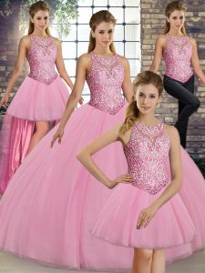 Pink Scoop Neckline Embroidery Quinceanera Gown Sleeveless Lace Up