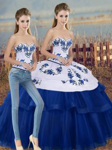 Royal Blue Sleeveless Floor Length Embroidery and Bowknot Lace Up Sweet 16 Dresses