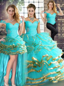 Floor Length Aqua Blue Quinceanera Gowns Tulle Sleeveless Beading and Ruffled Layers