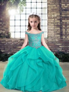 Teal Evening Gowns Military Ball and Wedding Party with Beading Off The Shoulder Sleeveless Lace Up