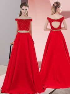 Adorable Red Prom Dresses Prom and Party with Beading Off The Shoulder Sleeveless Sweep Train Backless