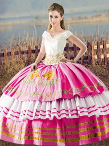Hot Pink Lace Up V-neck Embroidery and Ruffled Layers 15 Quinceanera Dress Satin Sleeveless