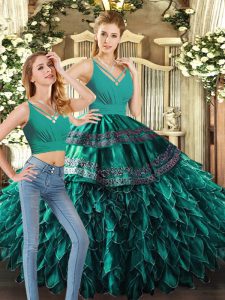 Simple Sleeveless Organza Floor Length Backless Sweet 16 Dresses in Turquoise with Appliques and Ruffles