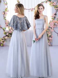 Colorful Appliques Wedding Party Dress Grey Lace Up Sleeveless Floor Length