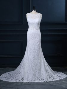 Stylish Sleeveless Lace Brush Train Backless Wedding Gown in White with Lace