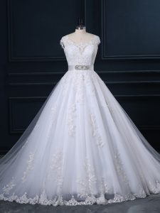 Custom Design Scoop Sleeveless Court Train Zipper Wedding Gowns White Tulle