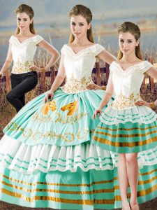 V-neck Sleeveless 15 Quinceanera Dress Floor Length Embroidery and Ruffled Layers Apple Green Satin