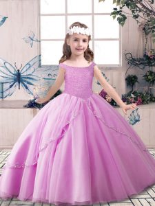 Lilac Ball Gowns Off The Shoulder Sleeveless Tulle Floor Length Lace Up Beading Little Girls Pageant Dress Wholesale