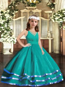 High Class Tulle V-neck Sleeveless Zipper Ruffled Layers Little Girl Pageant Dress in Turquoise