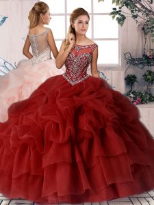 Sophisticated Scoop Sleeveless Organza Quinceanera Dresses Beading and Pick Ups Brush Train Zipper