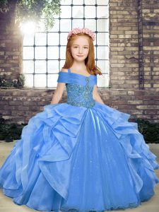 Fancy Organza Straps Sleeveless Lace Up Beading and Ruffles Little Girls Pageant Dress Wholesale in Blue