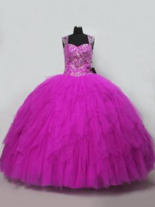 Extravagant Fuchsia Sleeveless Tulle Lace Up 15th Birthday Dress for Sweet 16 and Quinceanera