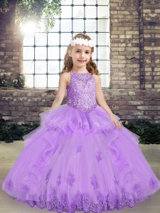Lavender Scoop Neckline Lace and Appliques Glitz Pageant Dress Sleeveless Lace Up