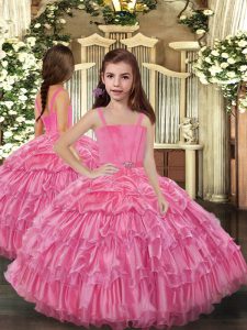 Elegant Straps Sleeveless Lace Up Little Girls Pageant Gowns Rose Pink Organza