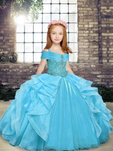 Aqua Blue Organza Lace Up Pageant Dress for Teens Sleeveless Floor Length Beading and Ruffles