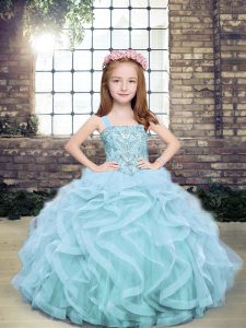 Most Popular Ball Gowns Pageant Dress Wholesale Light Blue Straps Tulle Sleeveless Floor Length Lace Up
