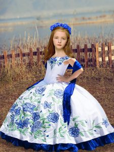 Fashion Floor Length Lace Up Kids Formal Wear White for Wedding Party with Embroidery