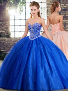 Blue Quinceanera Dress Military Ball and Sweet 16 and Quinceanera with Beading Sweetheart Sleeveless Brush Train Lace Up