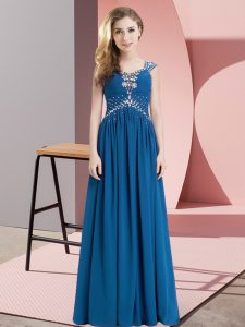 Modern Empire Evening Dress Blue Straps Chiffon Cap Sleeves Floor Length Lace Up